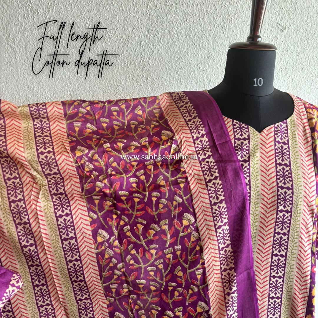 Gloria - Plum purple and beige Cotton kurti 3pc set with lining - LN 44