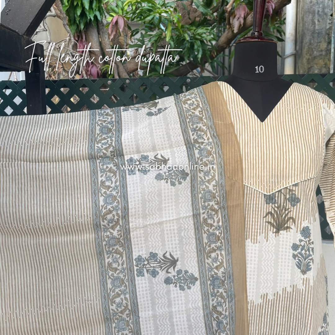 Vennila - Beige, white and slate blue Cotton Kurti 3pc set with lining - LN 72