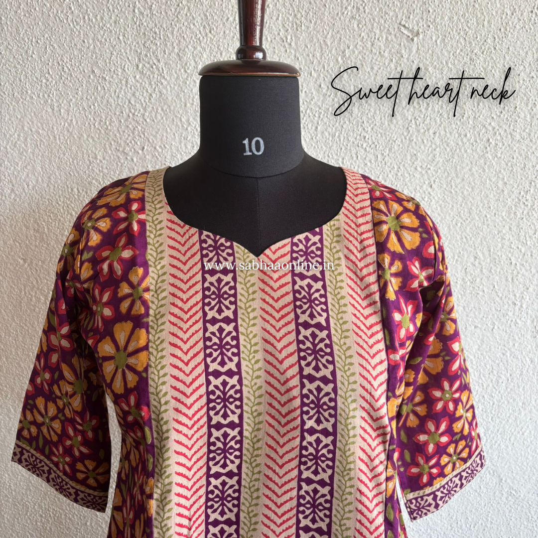 Gloria - Plum purple and beige Cotton kurti 3pc set with lining - LN 44