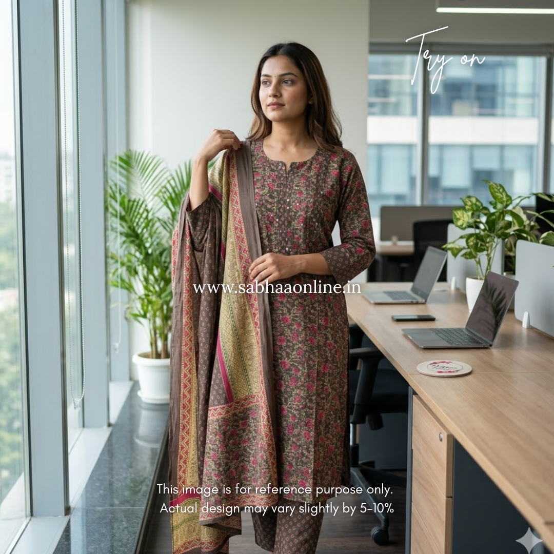Ayat - Green Gray Cotton kurti 3pc set - LN 50