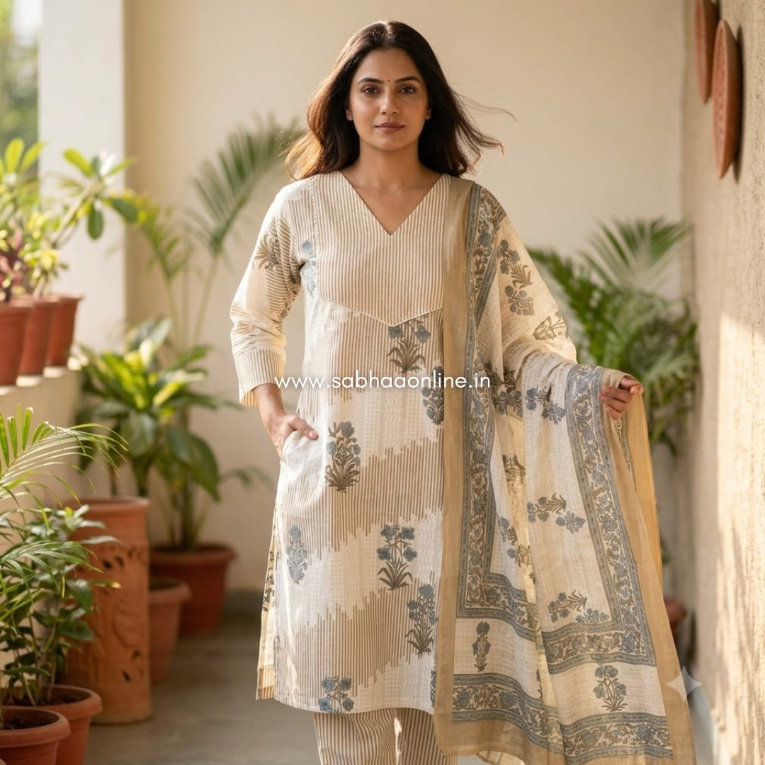Vennila - Beige, white and slate blue Cotton Kurti 3pc set with lining - LN 72