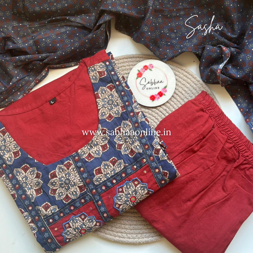 Sasha - Red and Blue Cotton kurti 3pc set - LN 53