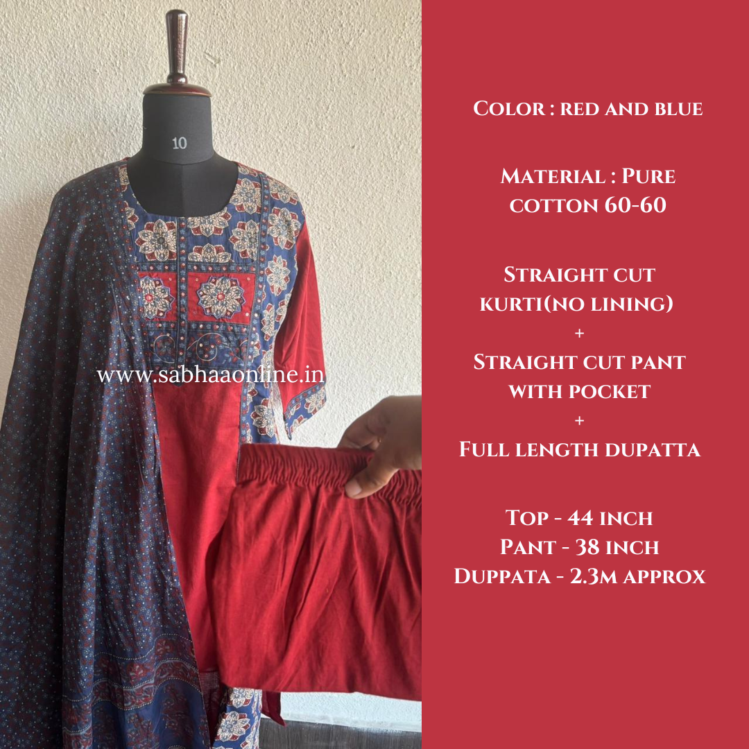 Sasha - Red and Blue Cotton kurti 3pc set - LN 53
