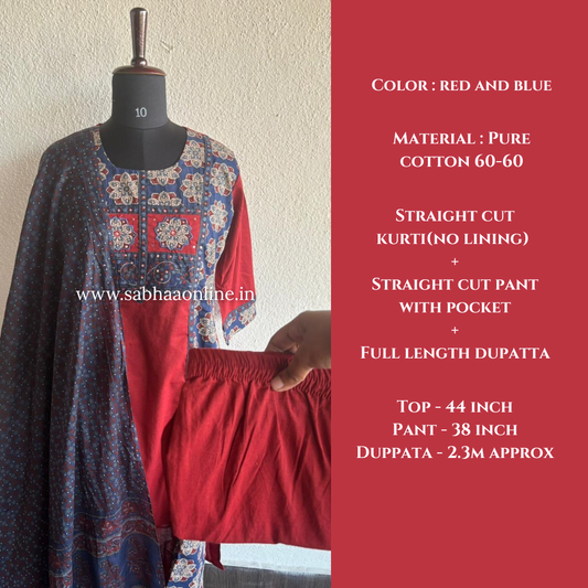 Sasha - Red and Blue Cotton kurti 3pc set - LN 53