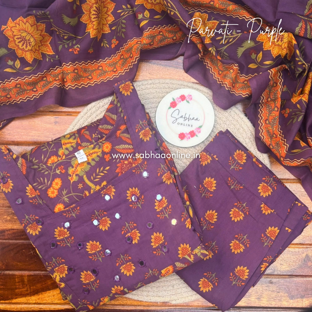 Parvati - Plum Purple Cotton Anarkali kurti 3pc set with lining - LN 73