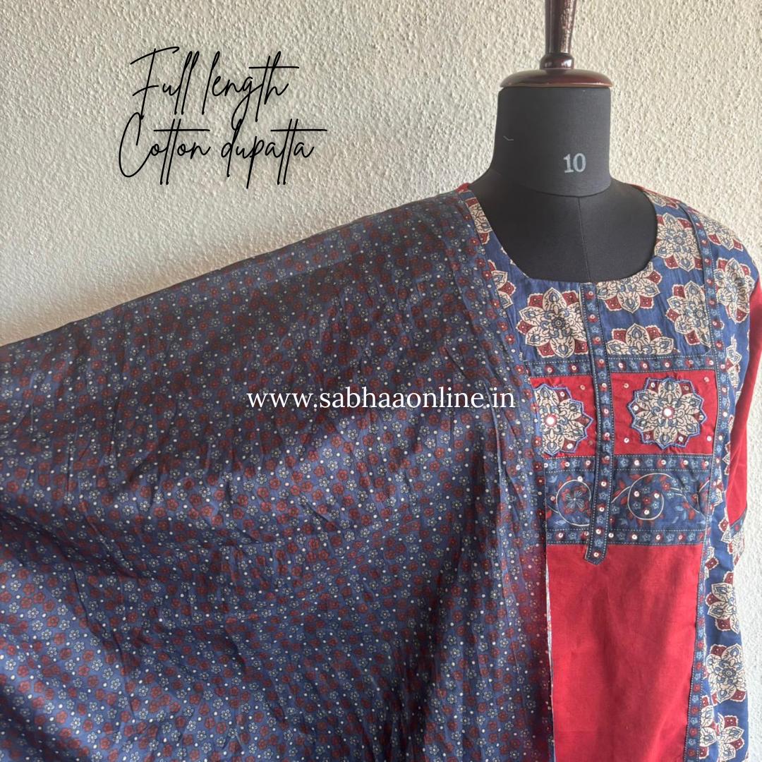 Sasha - Red and Blue Cotton kurti 3pc set - LN 53