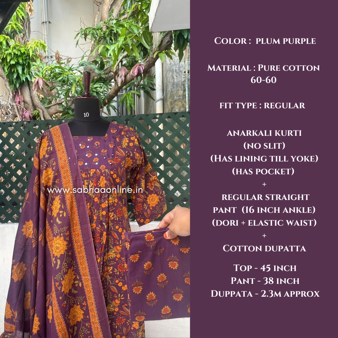 Parvati - Plum Purple Cotton Anarkali kurti 3pc set with lining - LN 73