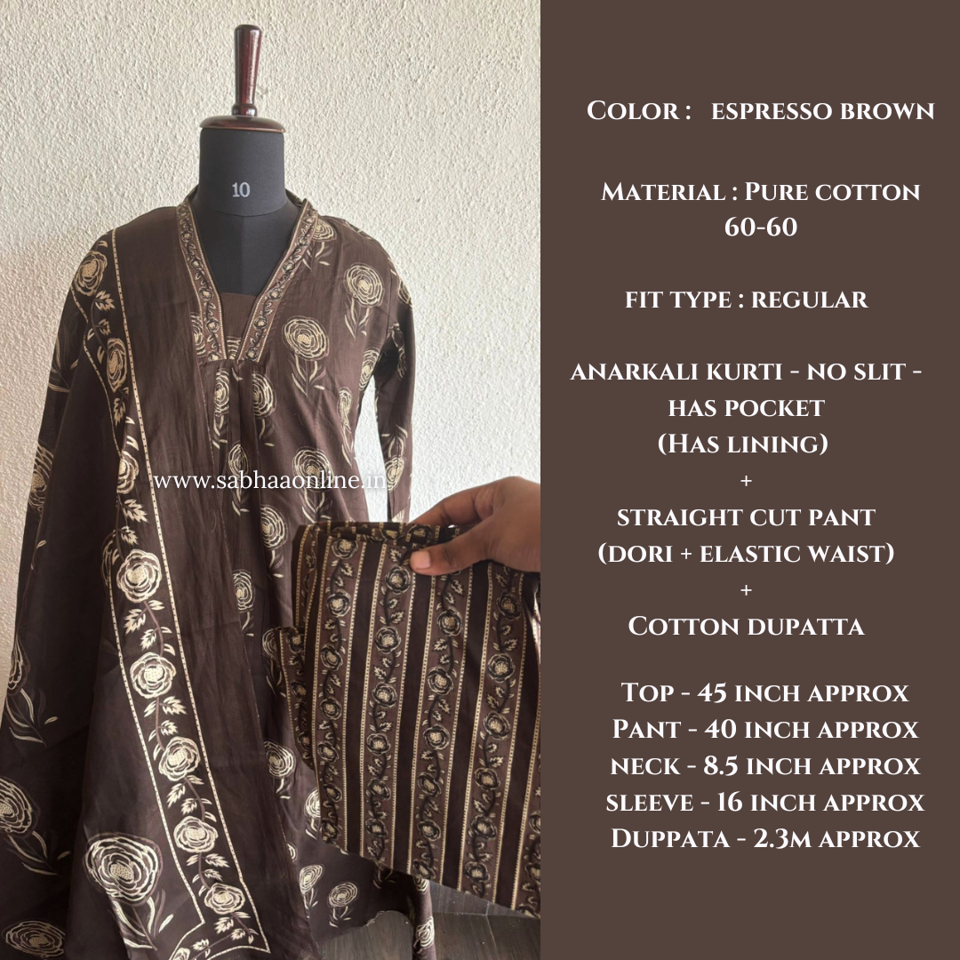 Tharika - Espresso Brown Cotton Anarkali 3pc set with lining - LN 44