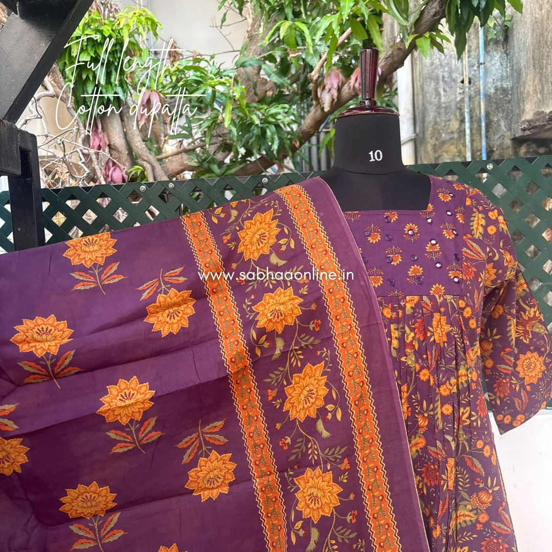 Parvati - Plum Purple Cotton Anarkali kurti 3pc set with lining - LN 73