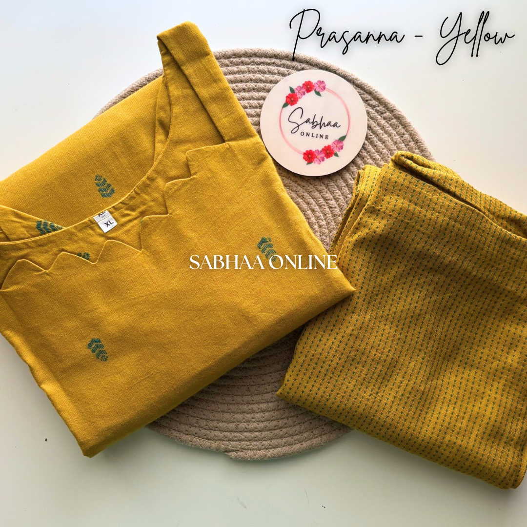 Prasanna - Yellow Weaved Cotton kurti pant set (with lining ) - LN10