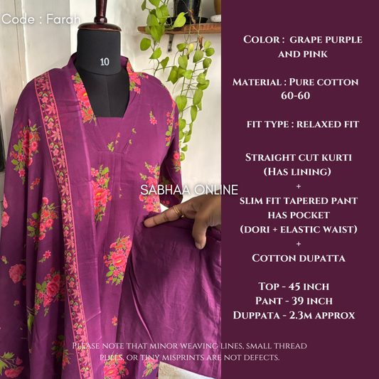 Farah - Grape purple and pink Cotton kurti 3pc set with lining - Relaxed fit - LN6