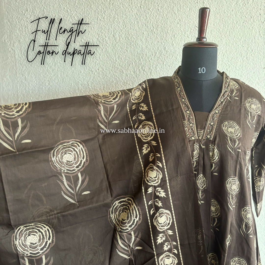 Tharika - Espresso Brown Cotton Anarkali 3pc set with lining - LN 44