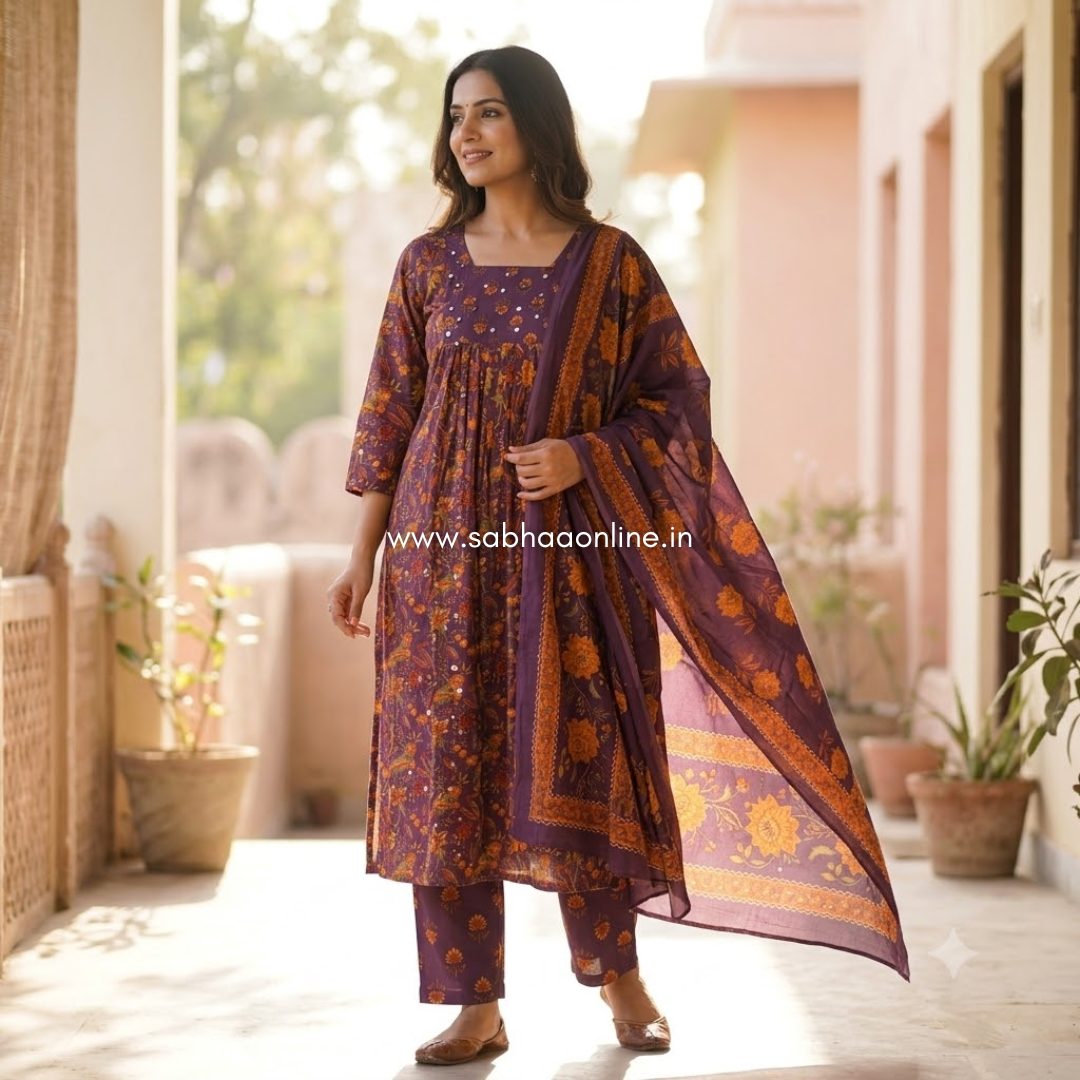 Parvati - Plum Purple Cotton Anarkali kurti 3pc set with lining - LN 73
