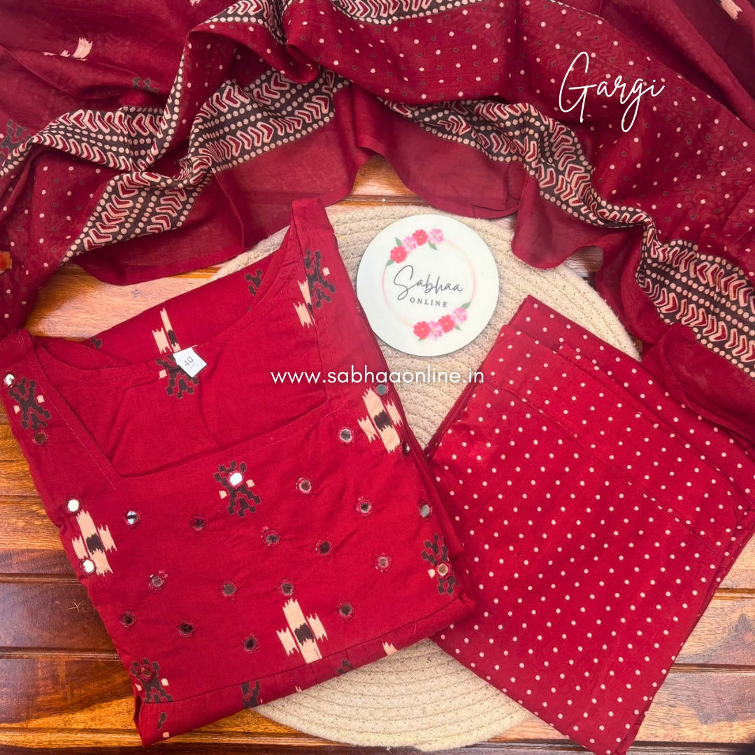 Gargi - Deep red ikkat Cotton Anarkali kurti 3pc set with lining - LN 73
