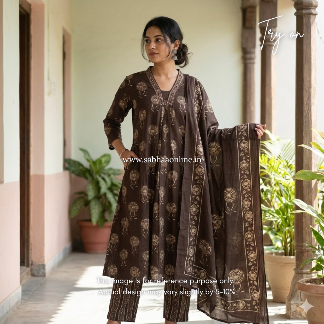 Tharika - Espresso Brown Cotton Anarkali 3pc set with lining - LN 44