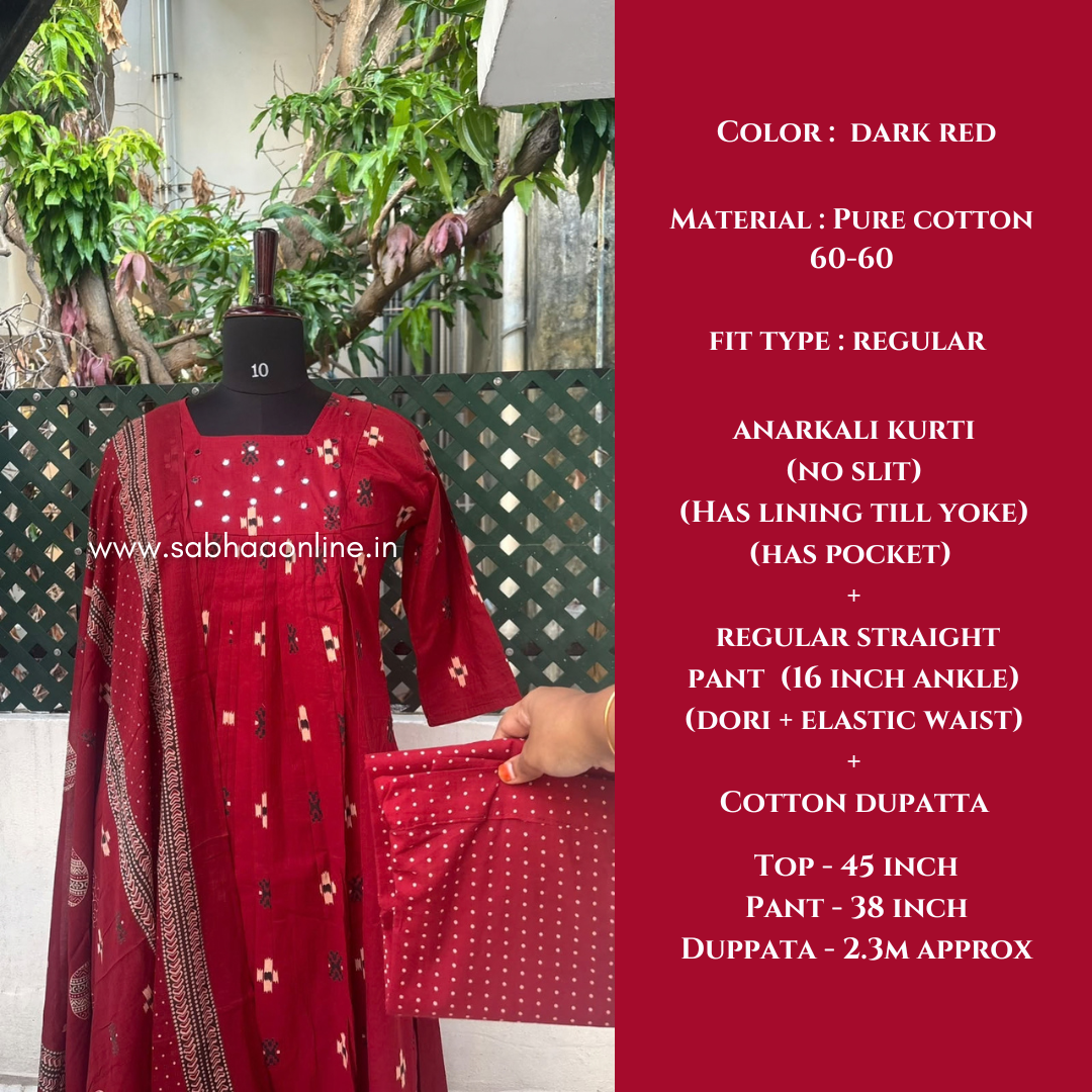 Gargi - Deep red ikkat Cotton Anarkali kurti 3pc set with lining - LN 73