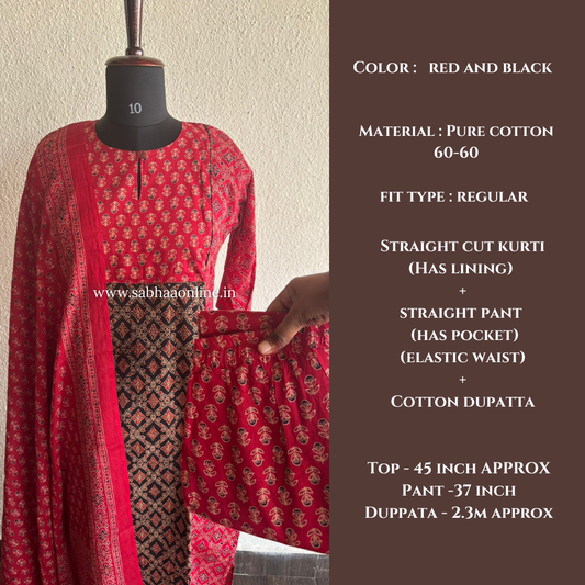 Shyla - Red and Black Ajrakh Cotton kurti 3pc set with lining - LN 45
