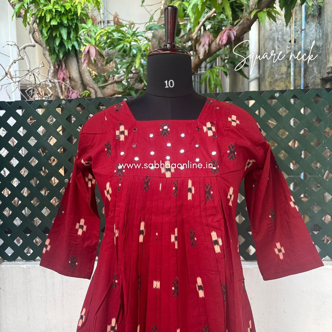 Gargi - Deep red ikkat Cotton Anarkali kurti 3pc set with lining - LN 73
