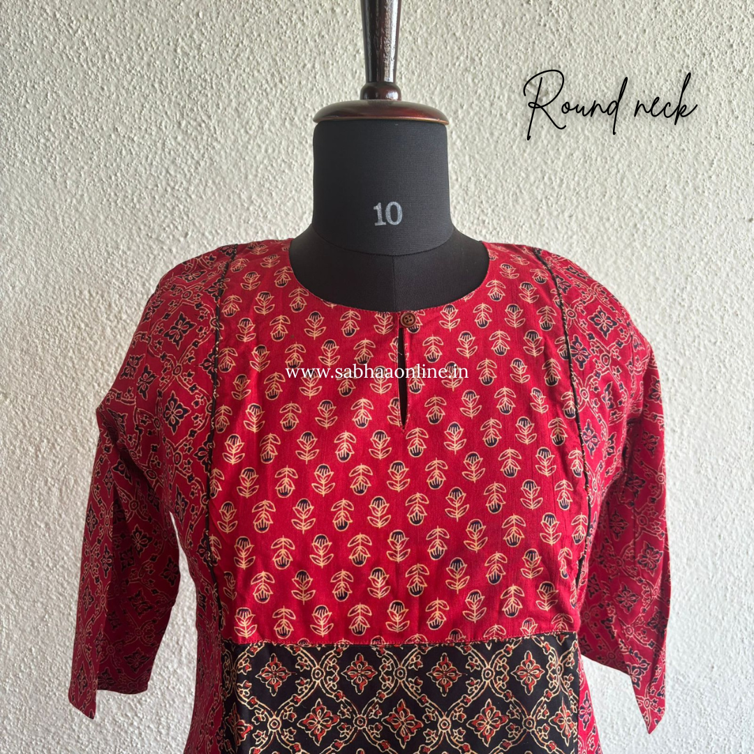Shyla - Red and Black Ajrakh Cotton kurti 3pc set with lining - LN 45