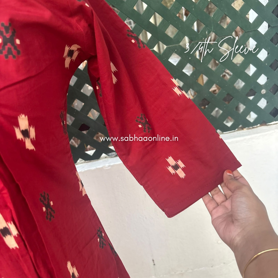Gargi - Deep red ikkat Cotton Anarkali kurti 3pc set with lining - LN 73