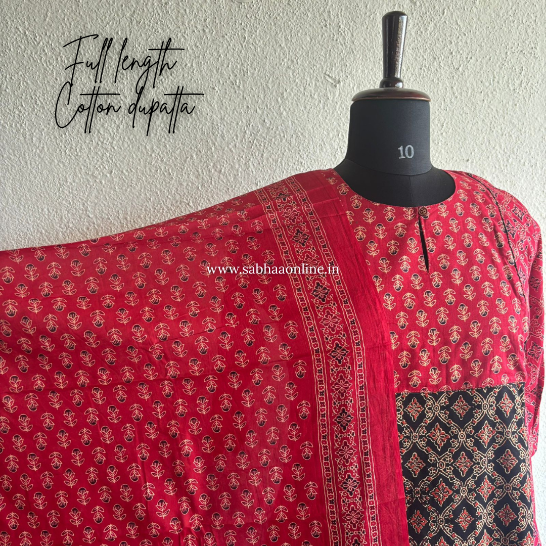Shyla - Red and Black Ajrakh Cotton kurti 3pc set with lining - LN 45