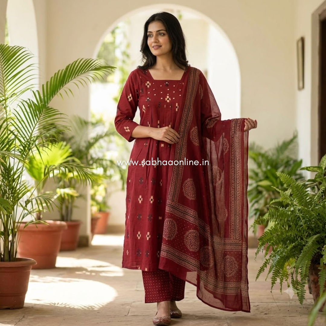 Gargi - Deep red ikkat Cotton Anarkali kurti 3pc set with lining - LN 73