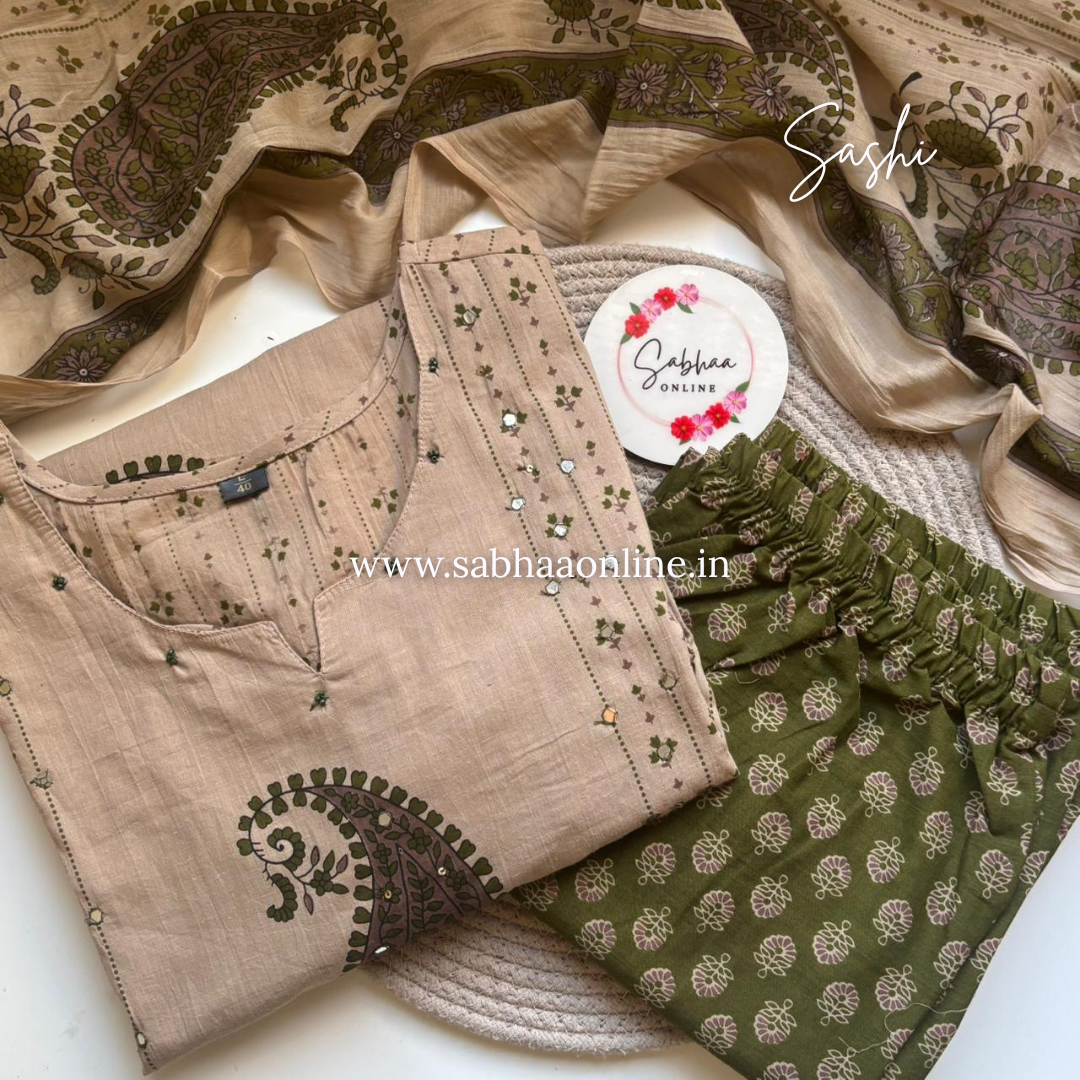 Sashi - Olive green Aline Cotton kurti 3pc set - LN 53