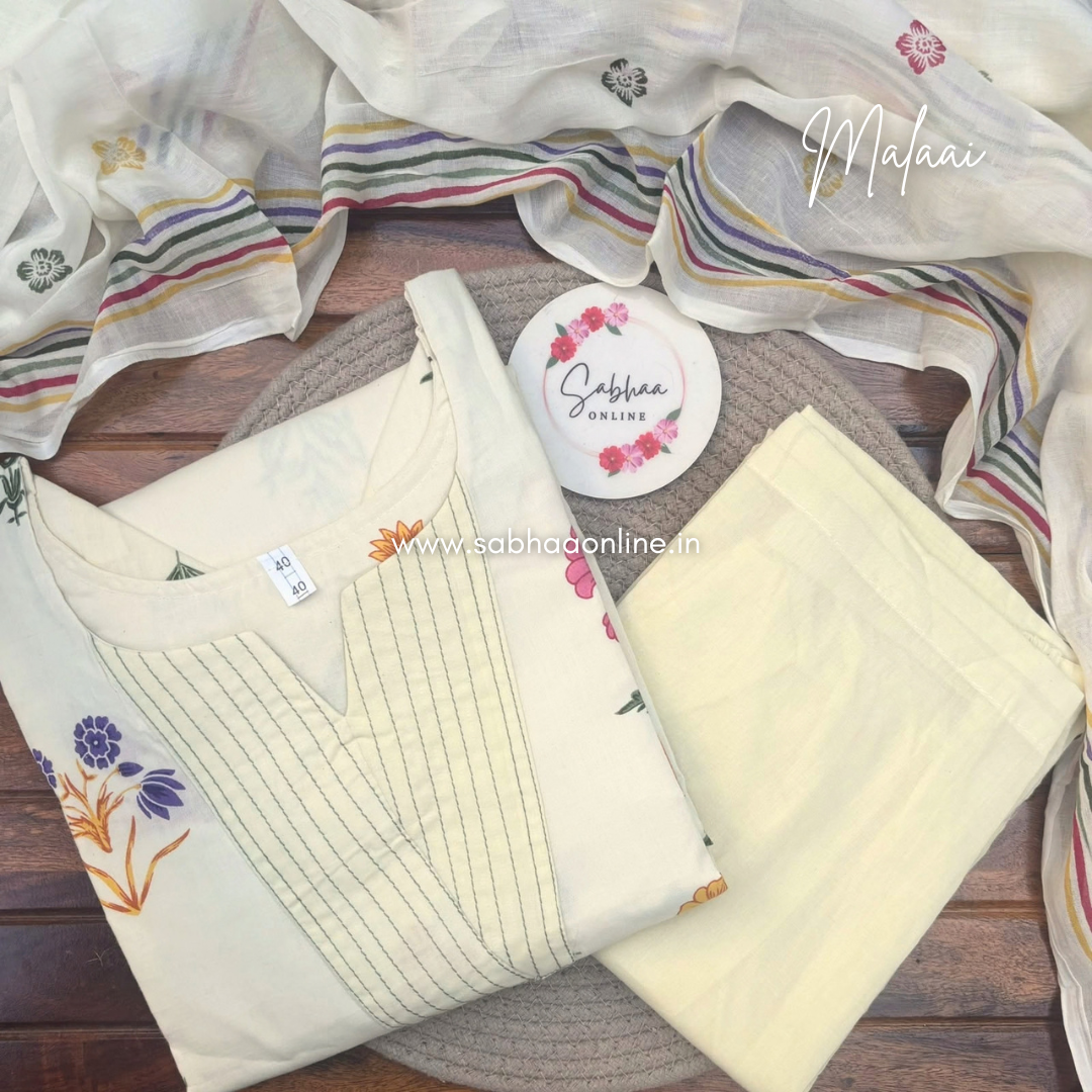 Malaai - Cream Cotton kurti 3pc set with lining - LN 74