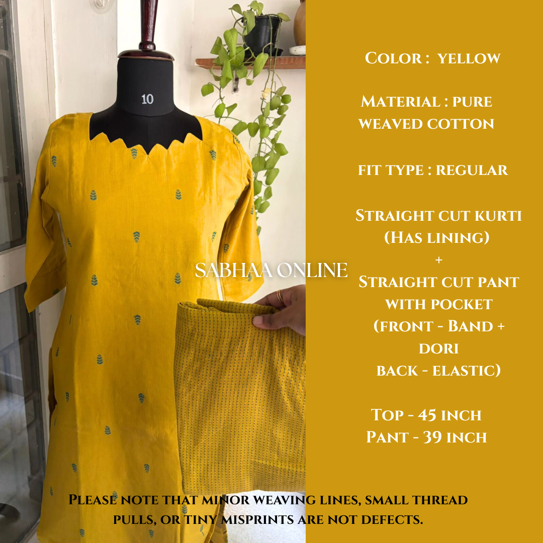 Prasanna - Yellow Weaved Cotton kurti pant set (with lining ) - LN10