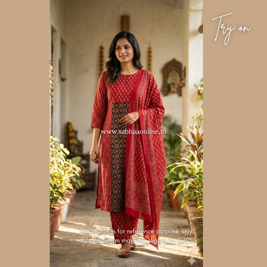 Shyla - Red and Black Ajrakh Cotton kurti 3pc set with lining - LN 45