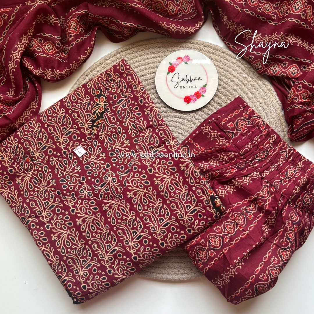 Shayna - Maroon and Black Ajrakh Cotton Kurti 3pc set with lining - LN 45