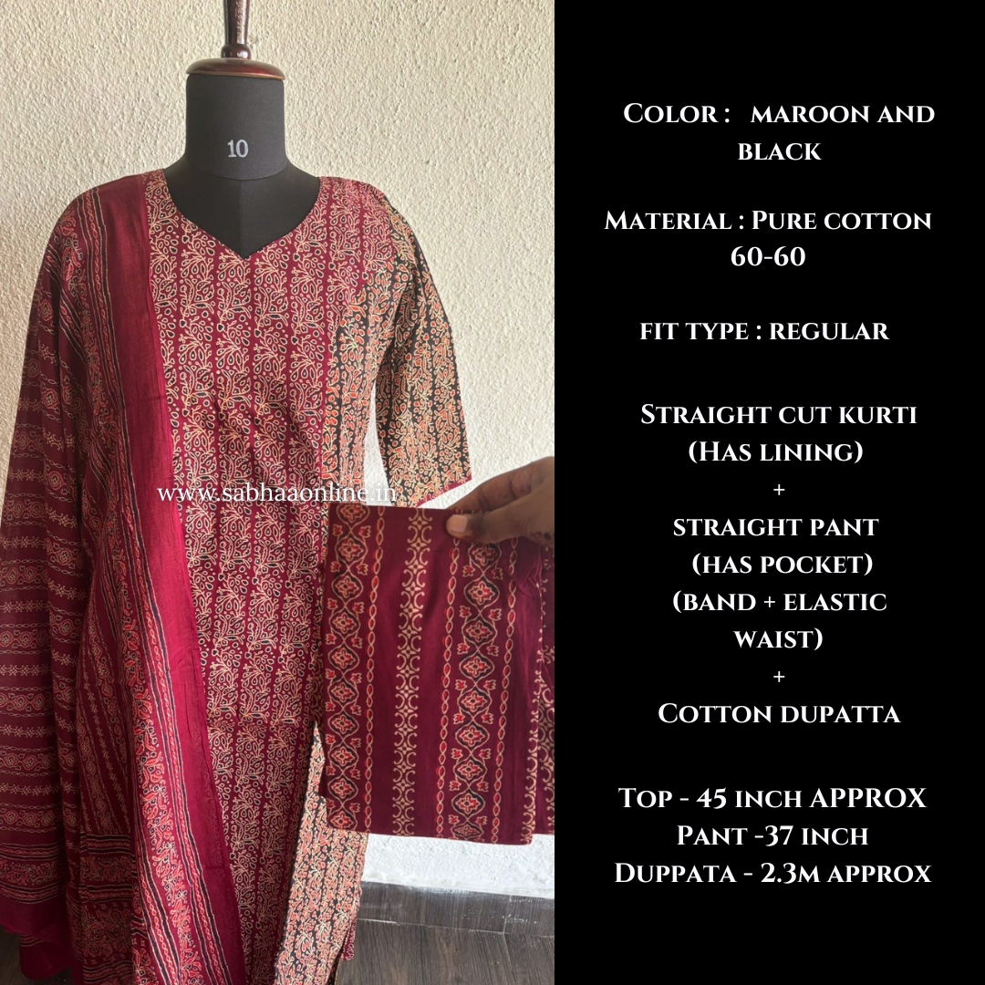 Shayna - Maroon and Black Ajrakh Cotton Kurti 3pc set with lining - LN 45