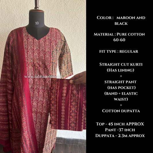 Shayna - Maroon and Black Ajrakh Cotton Kurti 3pc set with lining - LN 45