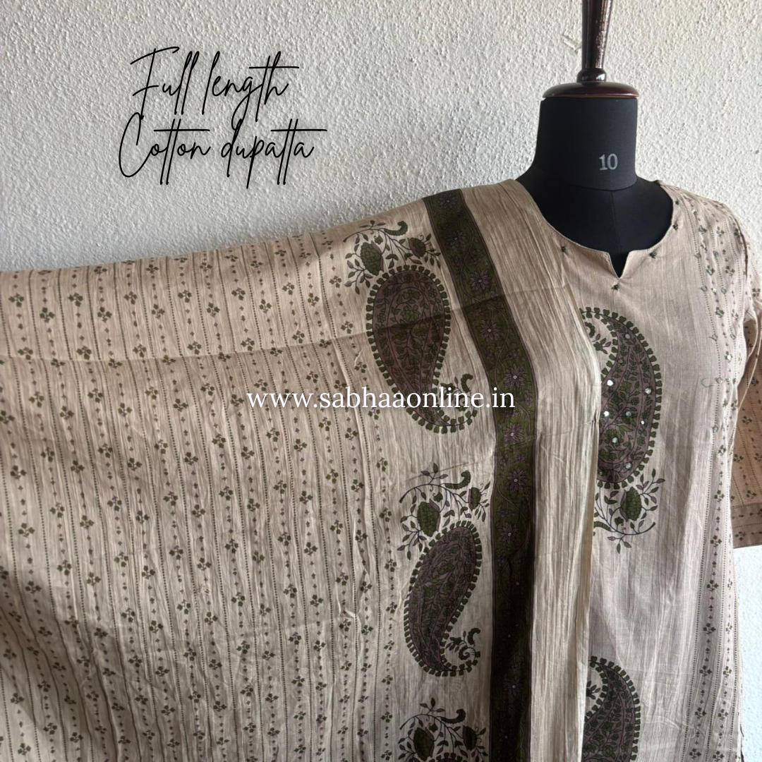 Sashi - Olive green Aline Cotton kurti 3pc set - LN 53