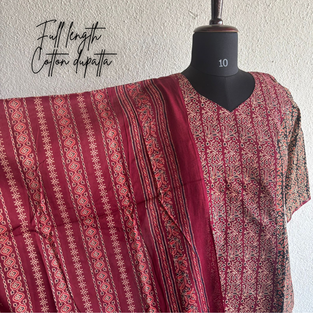 Shayna - Maroon and Black Ajrakh Cotton Kurti 3pc set with lining - LN 45