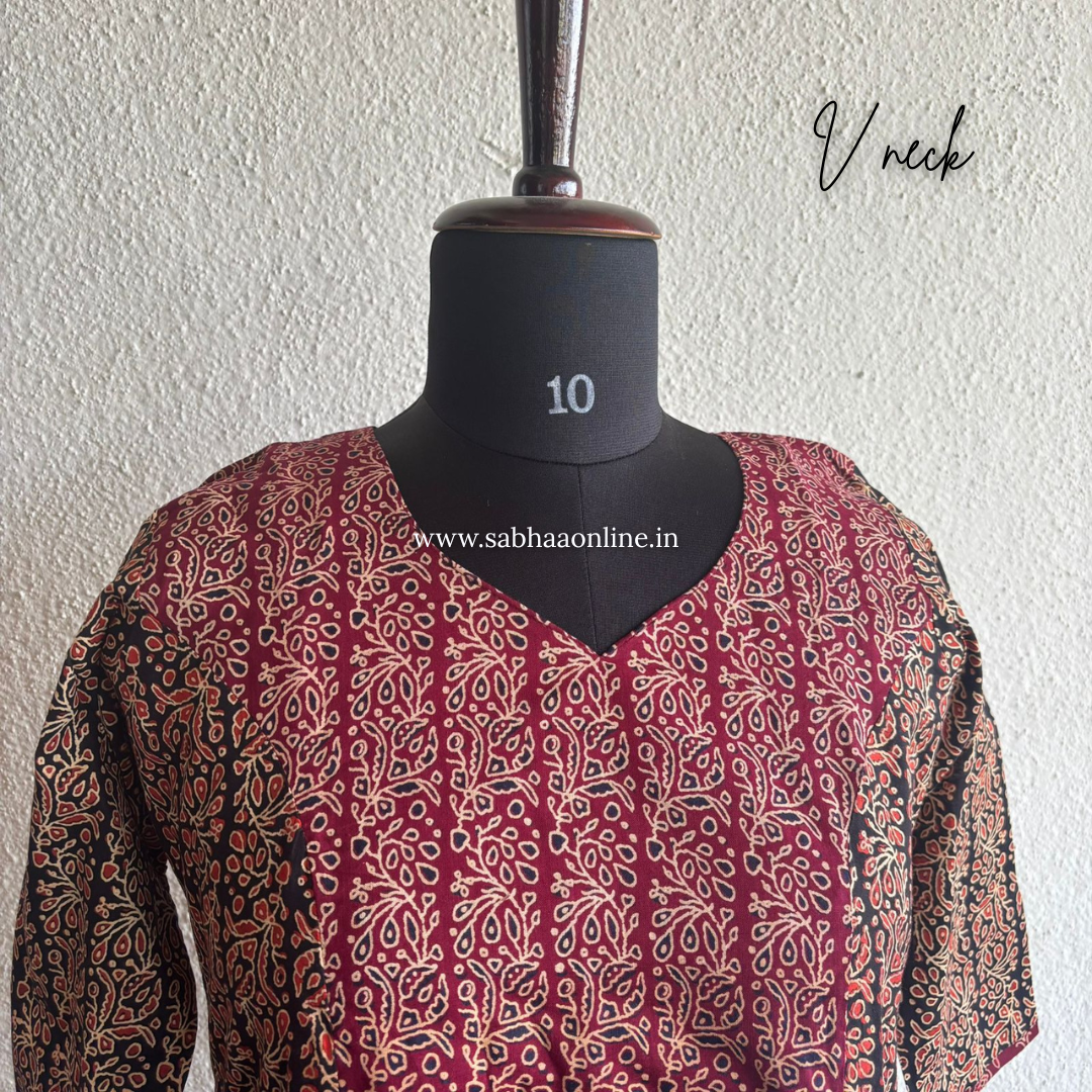 Shayna - Maroon and Black Ajrakh Cotton Kurti 3pc set with lining - LN 45
