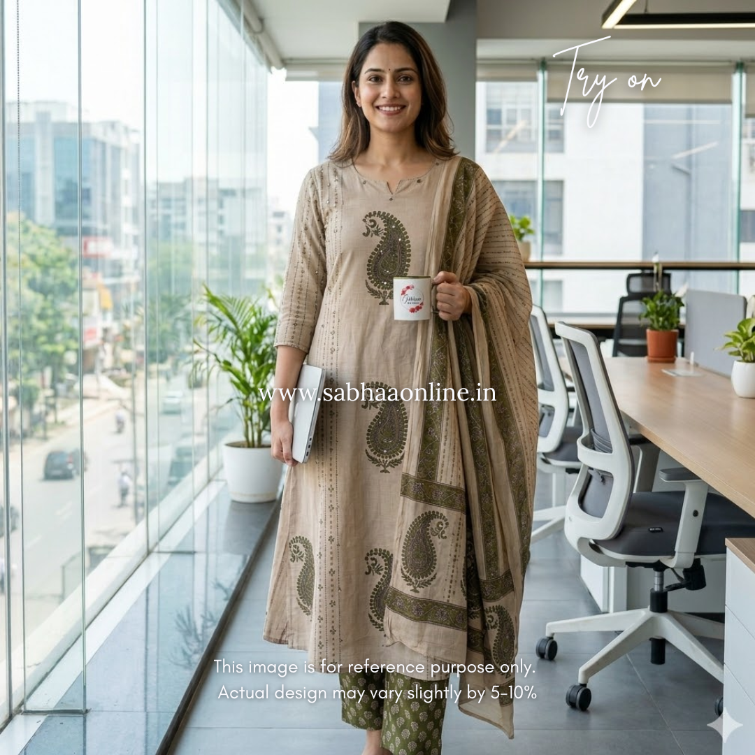 Sashi - Olive green Aline Cotton kurti 3pc set - LN 53