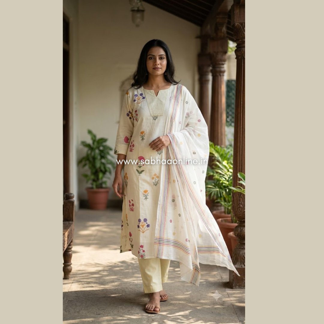 Malaai - Cream Cotton kurti 3pc set with lining - LN 74