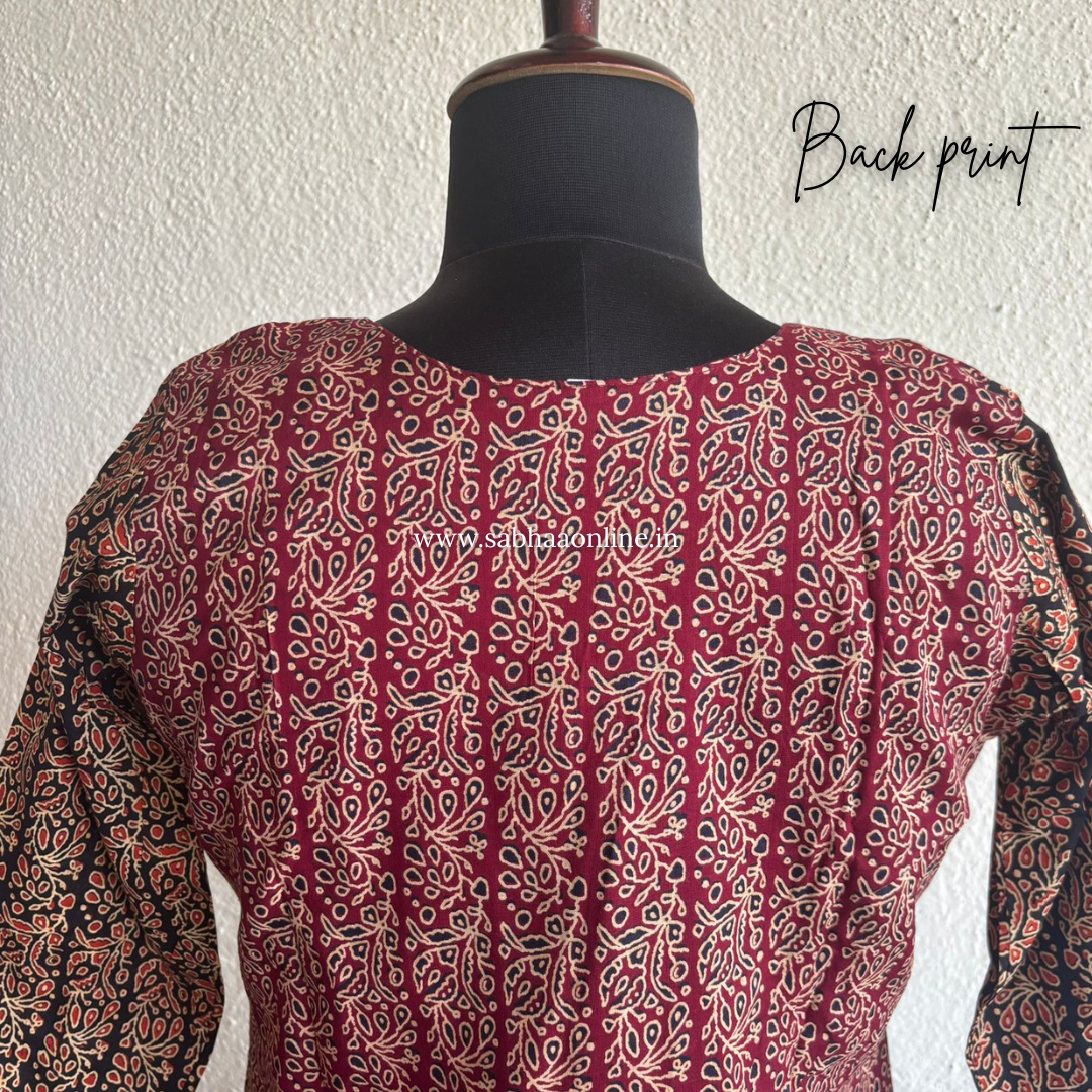 Shayna - Maroon and Black Ajrakh Cotton Kurti 3pc set with lining - LN 45