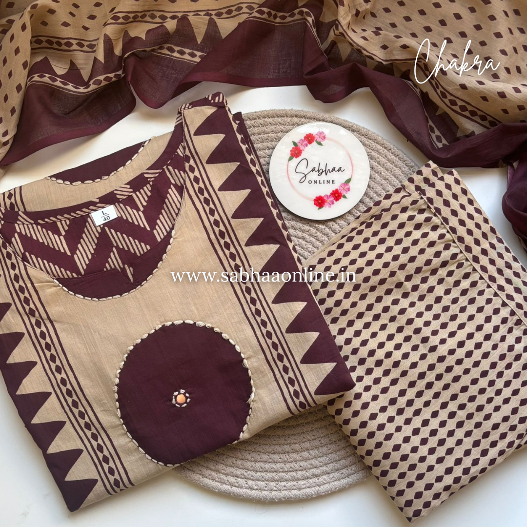 Chakra - Beige and Wine Aline Premium Cotton kurti 3pc set - LN 51