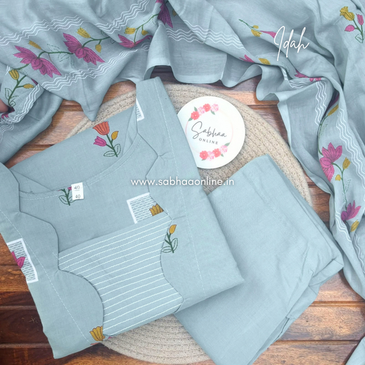 Idah - Pale Ice Blue Cotton kurti 3pc set with lining - LN 74