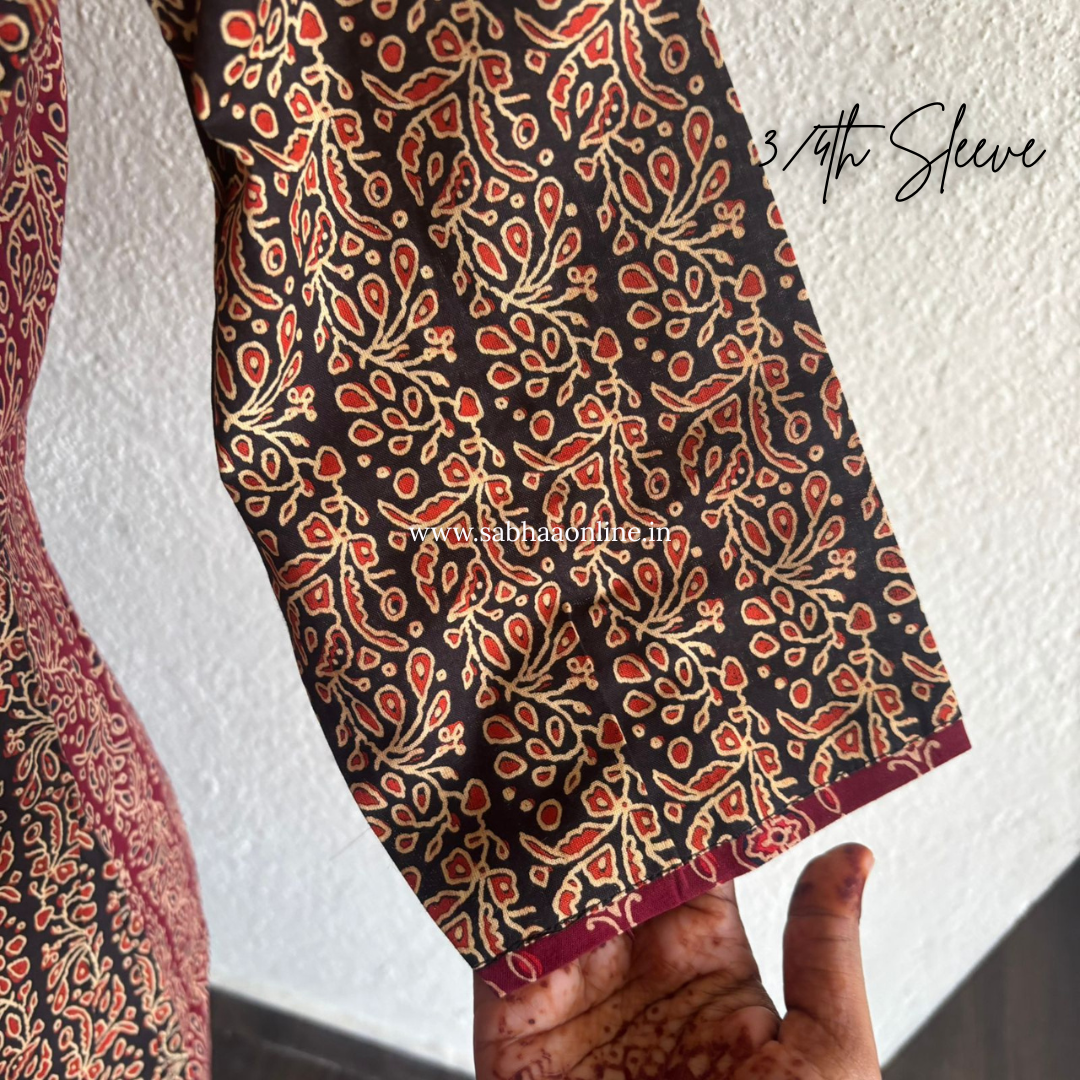 Shayna - Maroon and Black Ajrakh Cotton Kurti 3pc set with lining - LN 45