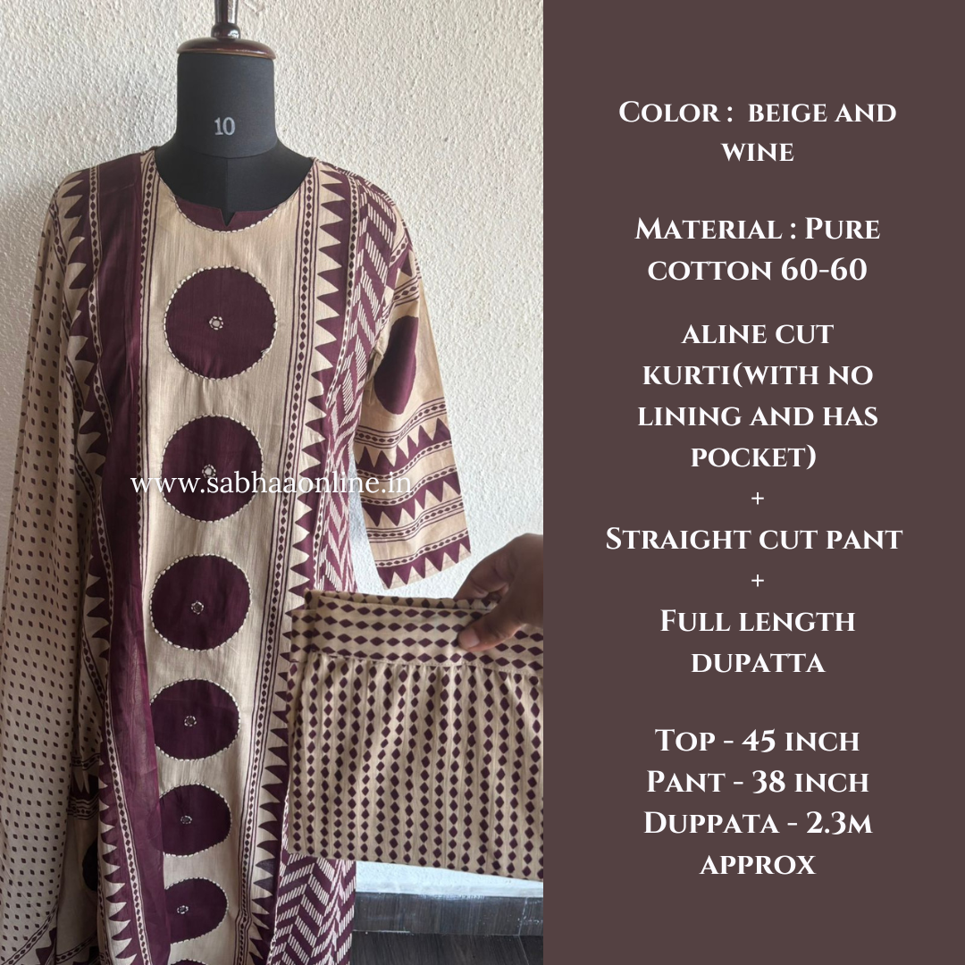Chakra - Beige and Wine Aline Premium Cotton kurti 3pc set - LN 51