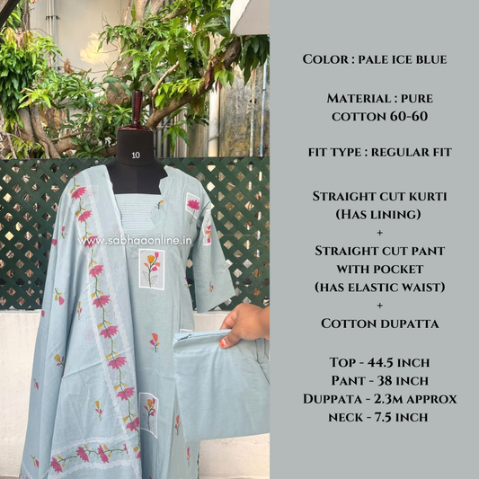Idah - Pale Ice Blue Cotton kurti 3pc set with lining - LN 74