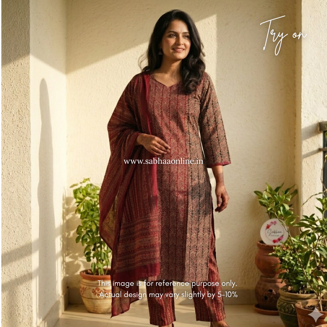 Shayna - Maroon and Black Ajrakh Cotton Kurti 3pc set with lining - LN 45
