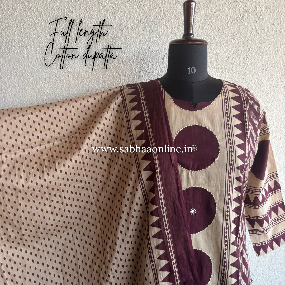 Chakra - Beige and Wine Aline Premium Cotton kurti 3pc set - LN 51