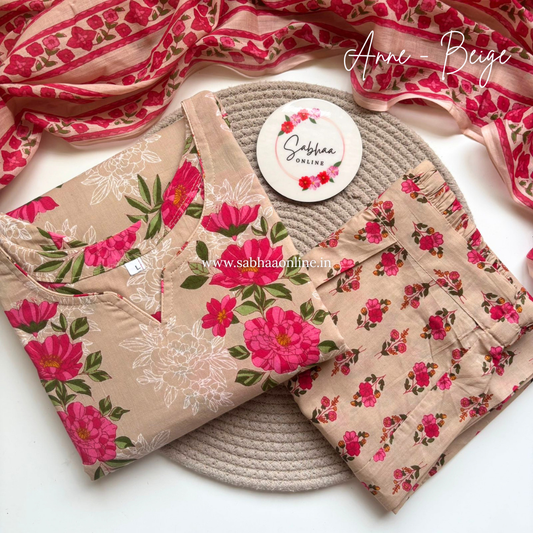 Anne - Beige and Pink Cotton kurti 3pc set with lining (Slim fit)- LN 46