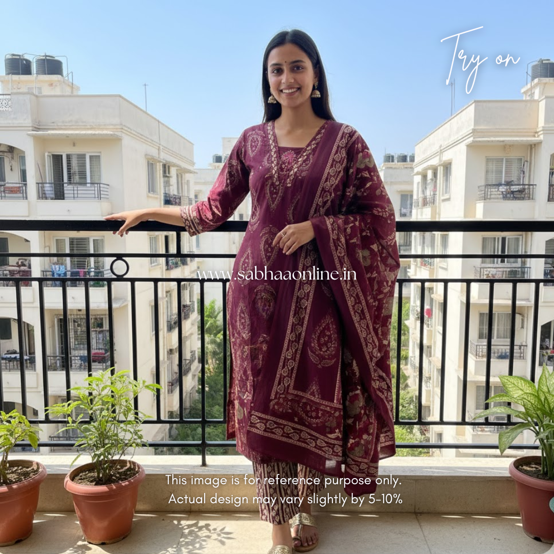 Leela - Wine Cotton kurti 3pc set - LN23