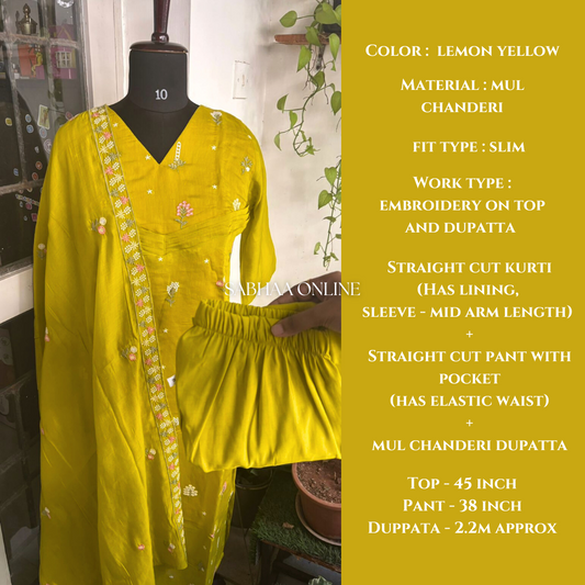Maithreyi - Lemon Yellow Premium Mul Chanderi Kurti 3pc set with lining (Slim fit)