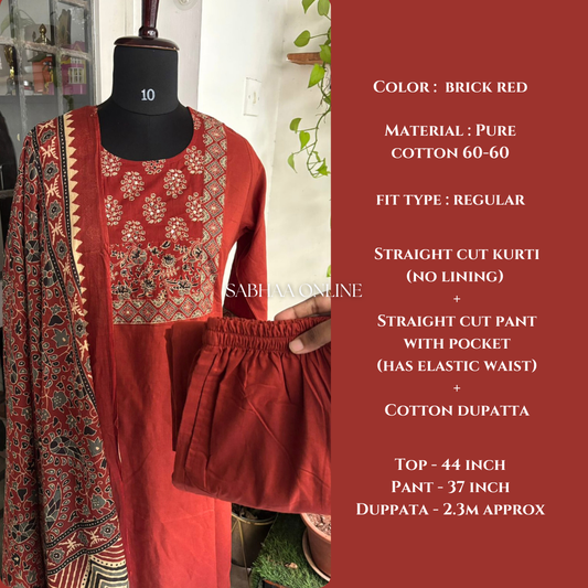 Rana - Brick red Solid + Ajrak printed Cotton Kurti 3pc set